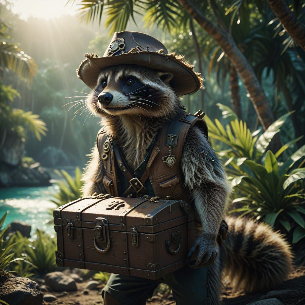 Raccoon Pirate Guarding Treasure Chest on Deserted Island