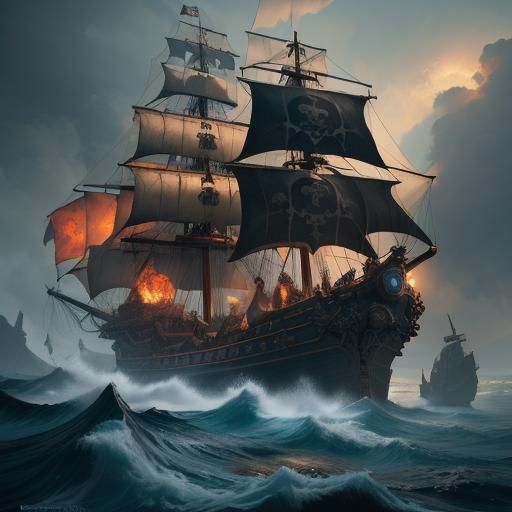 Redhead Pirate Girl and Ship in Detailed Painting