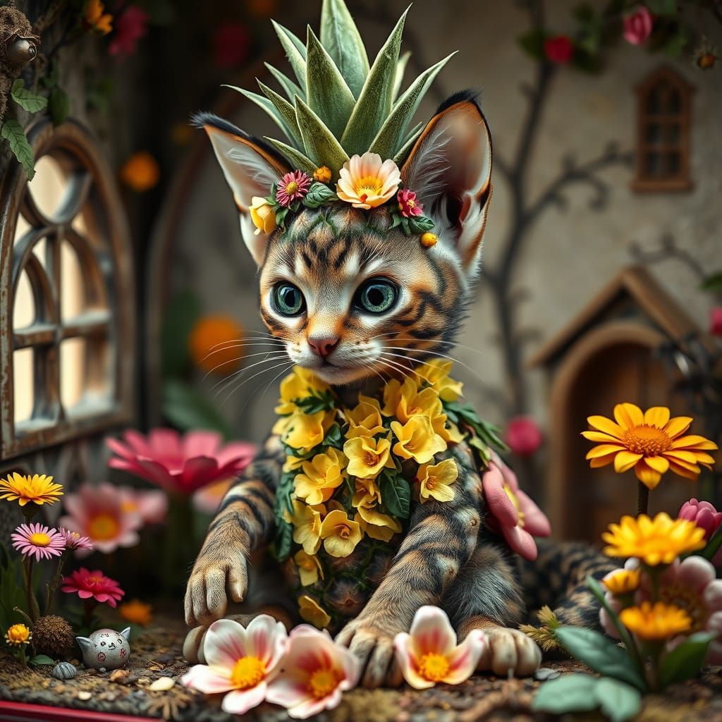 Pineapple hybrid  cat by Lewis Carroll, :: made from pineapple, Diorama of pineapple cat