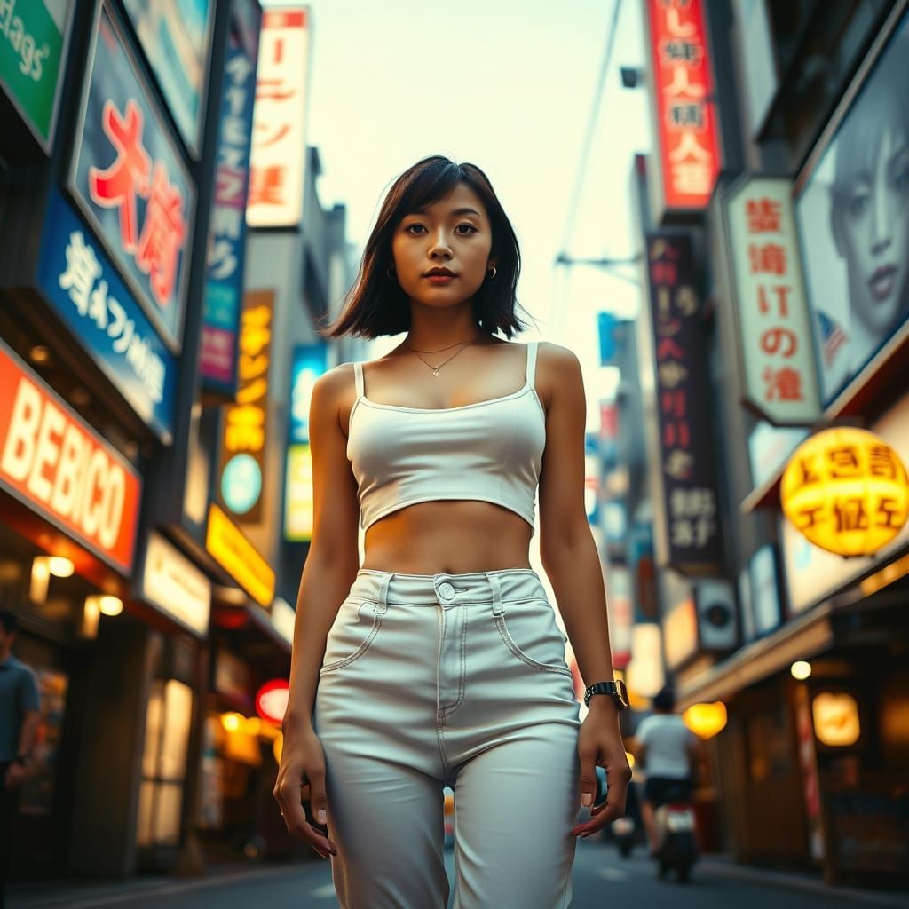 Modern Japanese Woman in Neon Tokyo Street