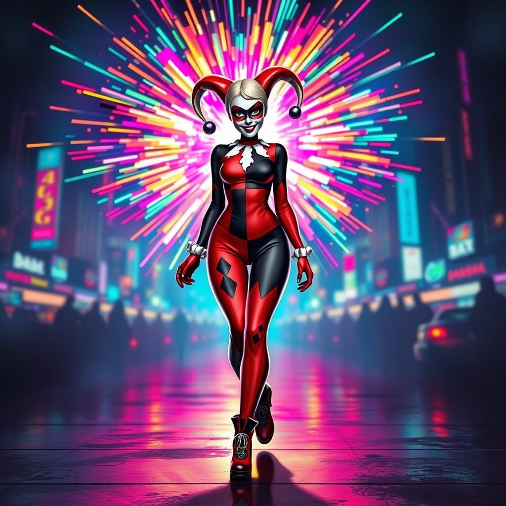 Surreal Harley Quinn Emerges from Neon-Lit Explosion in Cybe...