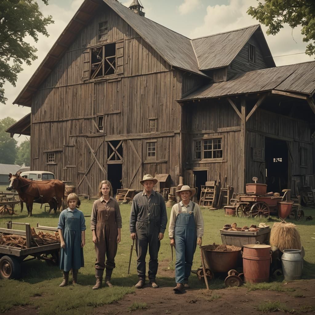 dairy barn with somber family in front with misc farm tools 1960s grainy film 10 layers optimize layering still motion e...
