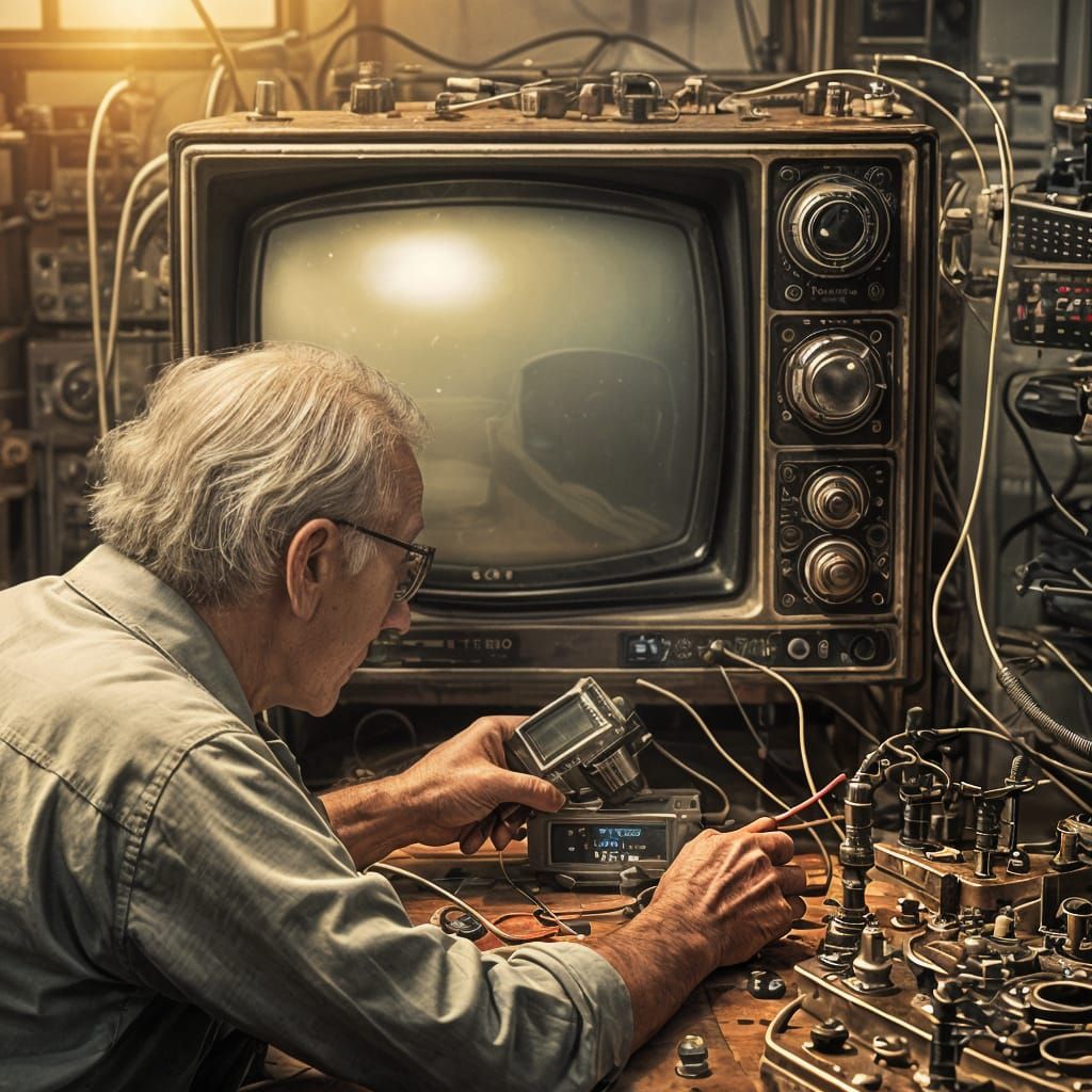 Elderly Inventor Repairs Vintage Tube Television