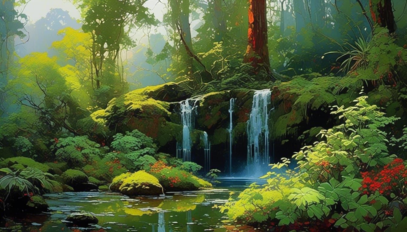 Lush Conservatory: Impasto Landscape with Waterfall