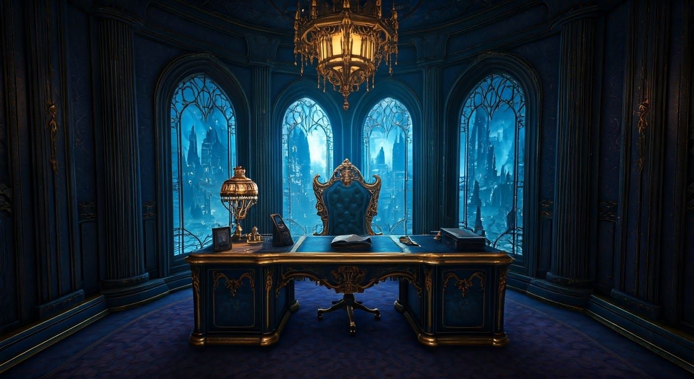 Mystical Corner Office with Ethereal Cityscape