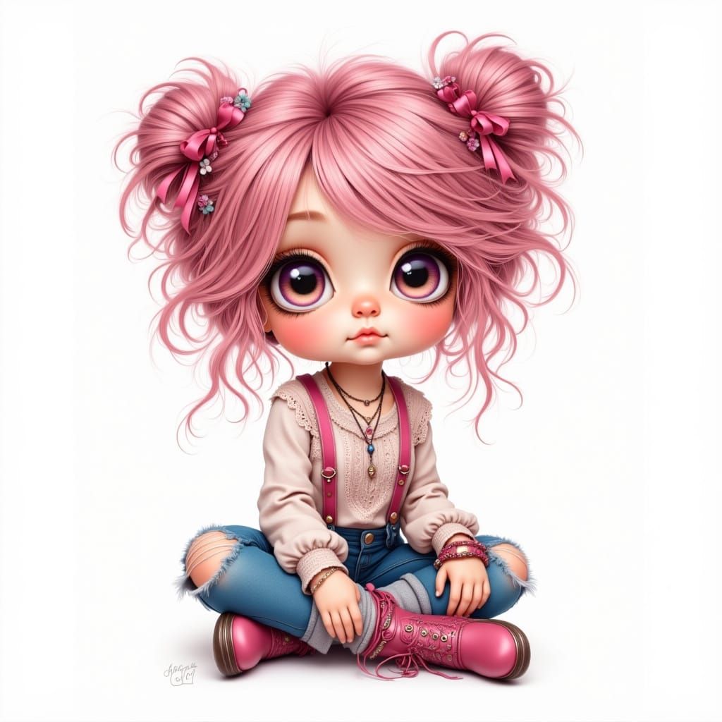 Whimsical Chibi Girl with Pink Hair and Boho Style