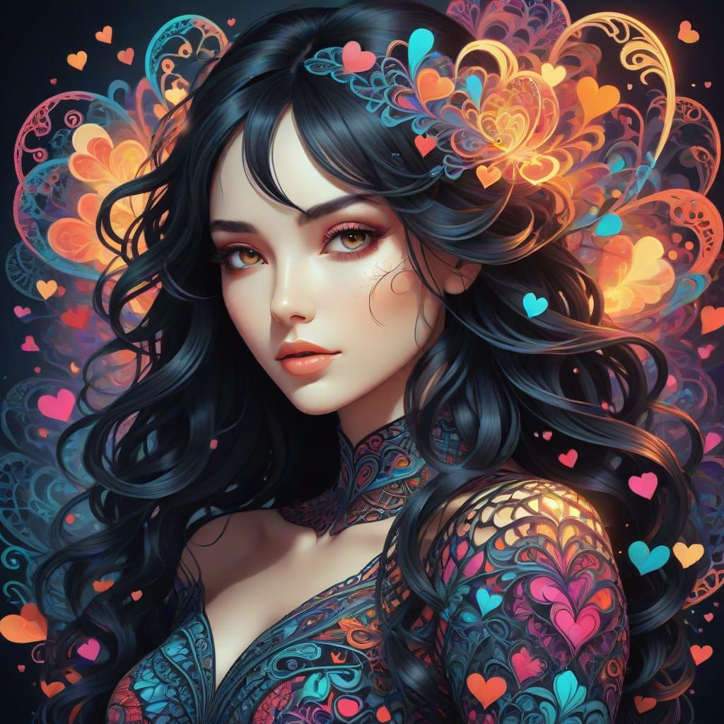 Dreamlike Girl Surrounded by Vibrant Hearts in Intricate Zen...