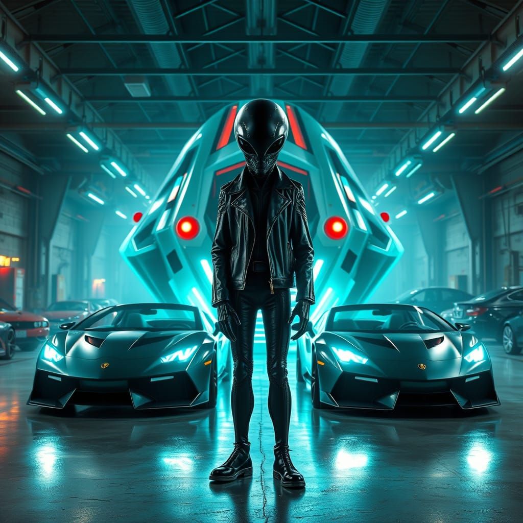 Alien in Industrial Garage with Futuristic Cars