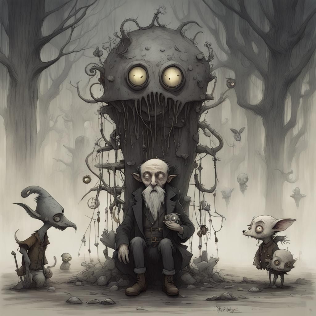 Sad Monsters Drinking at Night as Detailed Matte Painting