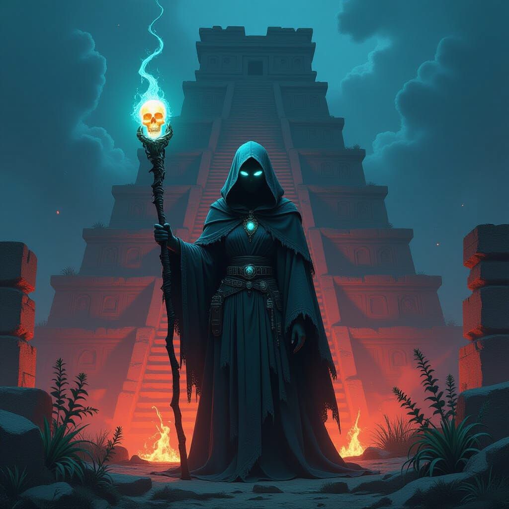 Hooded Sorceress at Ziggurat in Dark Fantasy Style