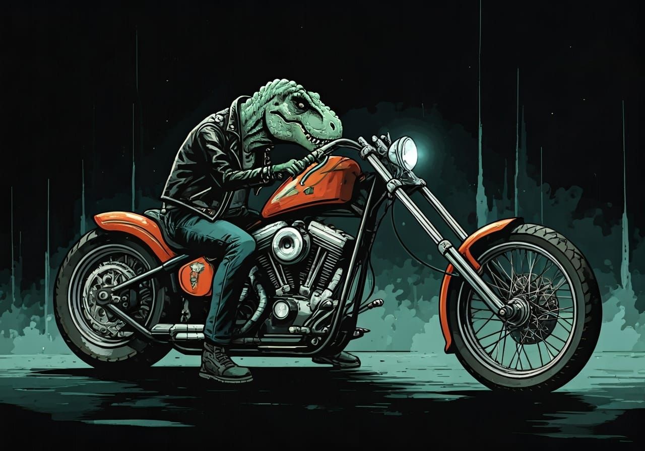 Sad T-Rex on Chopper Motorcycle, Gritty Graphic Novel