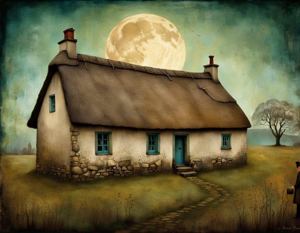 Whimsical Scottish Village Scene in Folk Art Style