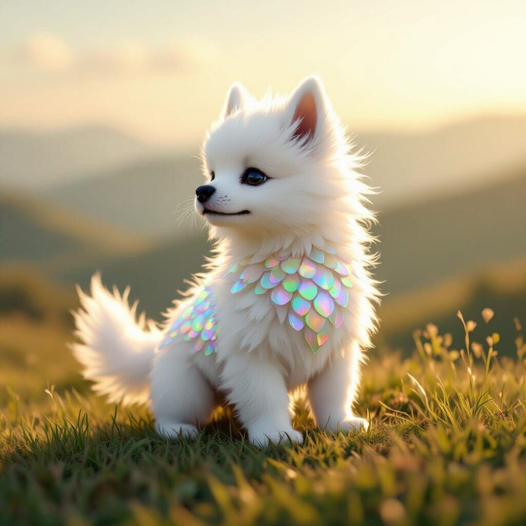 Fluffy Flakor Dragon Dog Hybrid on Grassy Hill