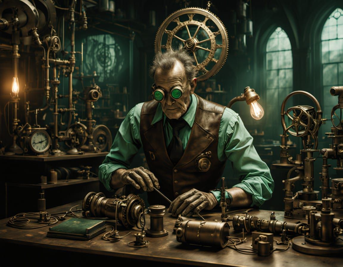 Steampunk Doctor Crafts Female Prometheus in Dimly Lit Labor...