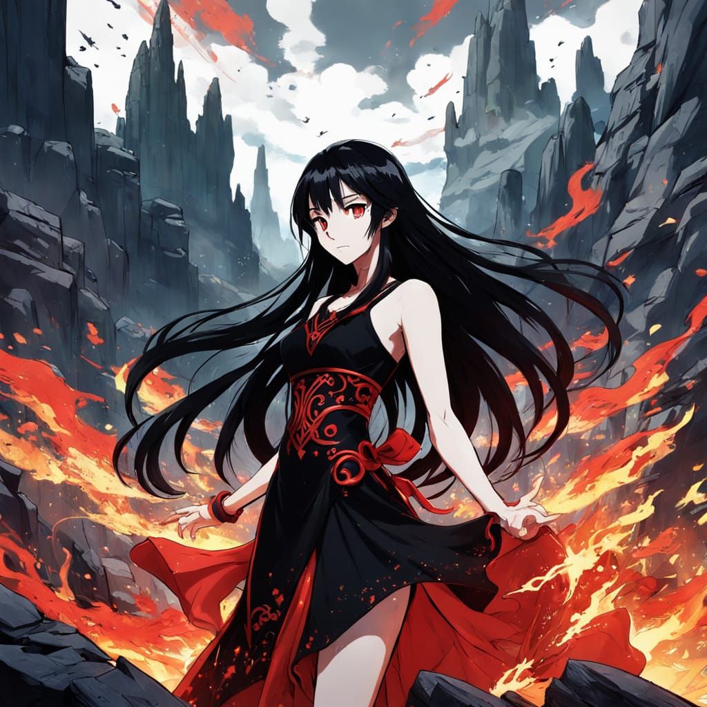Dark Goddess Ignites Inferno amidst Rocky Peaks