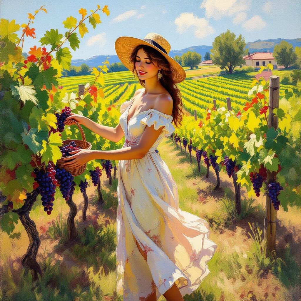 Woman Harvesting Grapes in Impressionist Style
