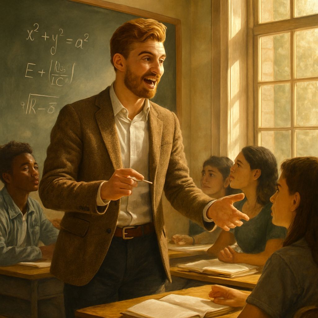 Passionate Teacher Explains Equations in Sunlit Classroom