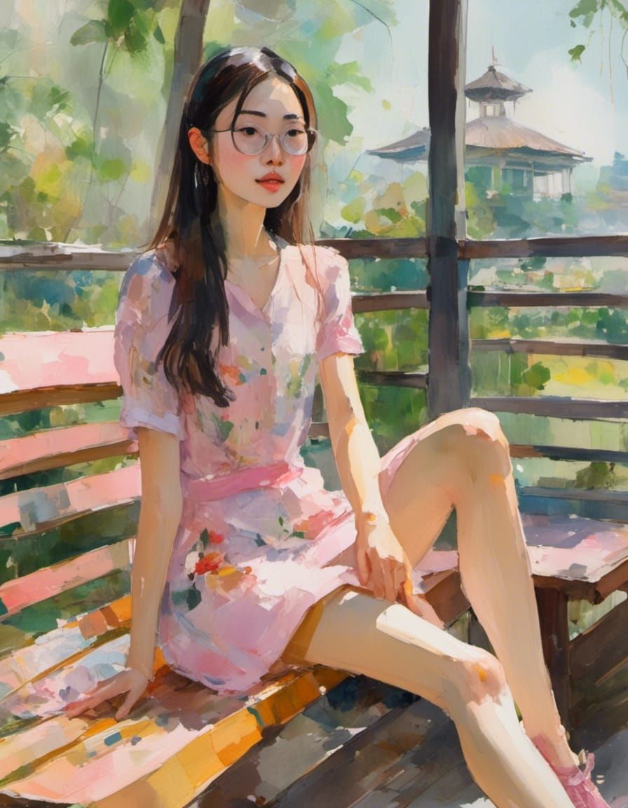 Korean beauty sitting on a bench in a park