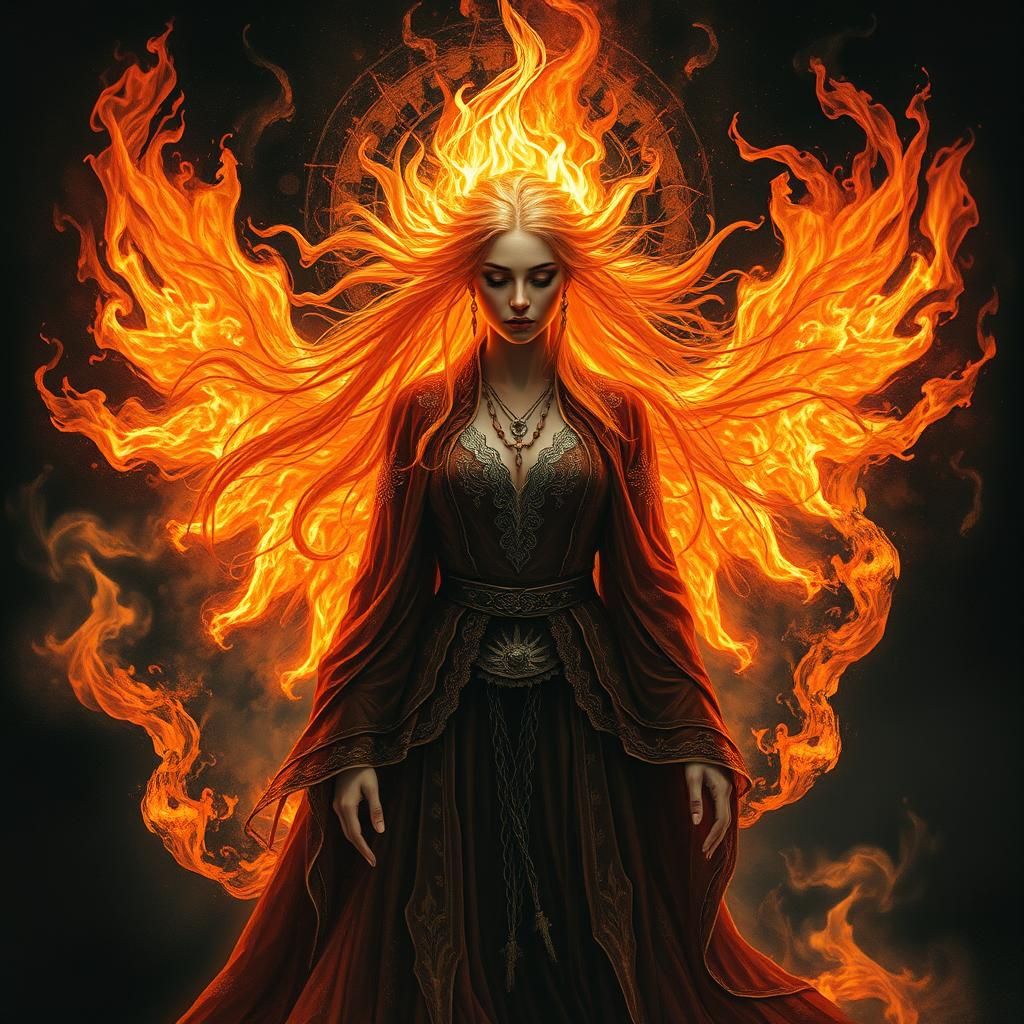 Ethereal Woman Ablaze in Sacred Flames