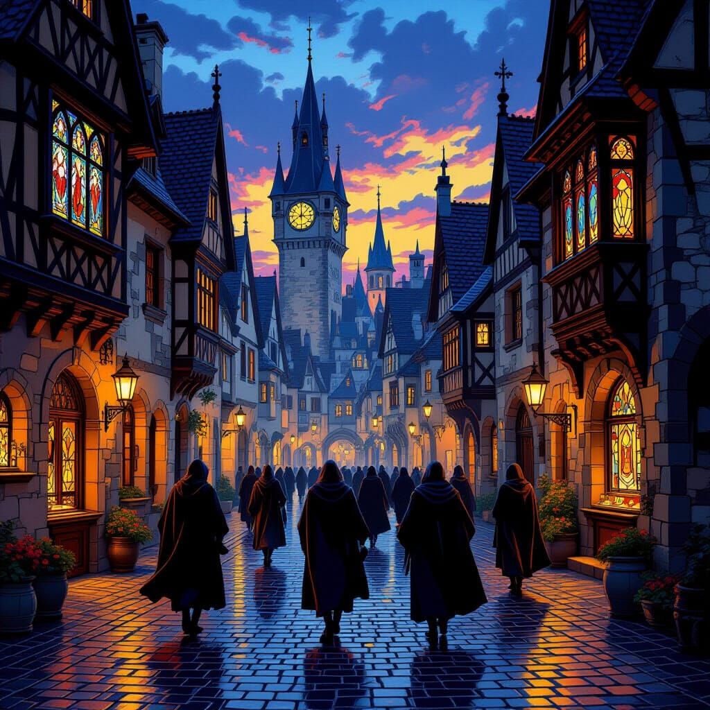 Medieval Town Square at Twilight in Jewel Tones