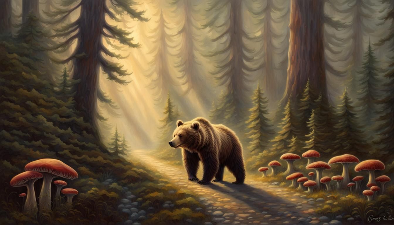 Grizzly Bear in Mystical Forest, Ethereal Fantasy Art