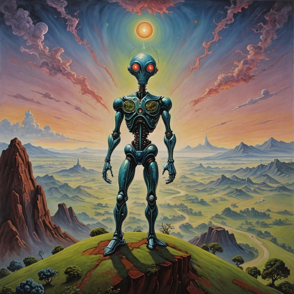 Surreal Humanoid Figure on Hill in Futuristic Painting