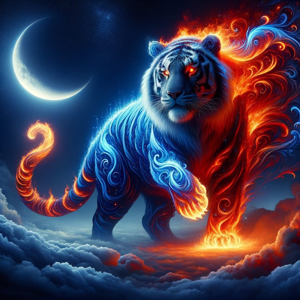 Magical Tiger of Ice and Fire in Cosmic Night