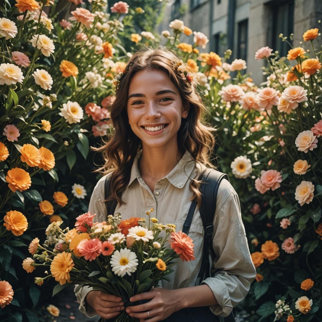 Smiling Girl with Flowers, Cinematic Portrait