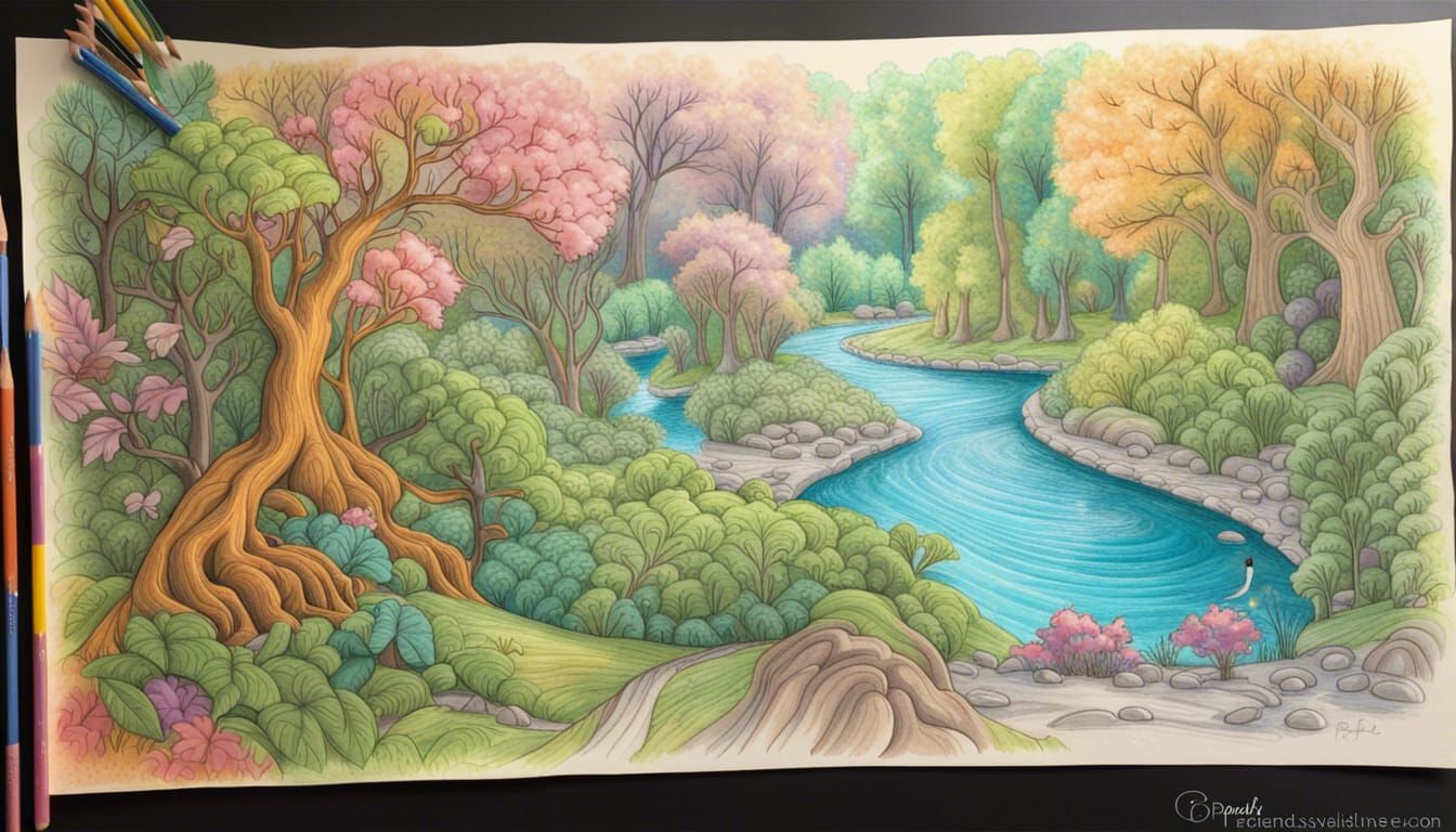 Enchanted River Through Fantasy Forest, Pastel Sketch