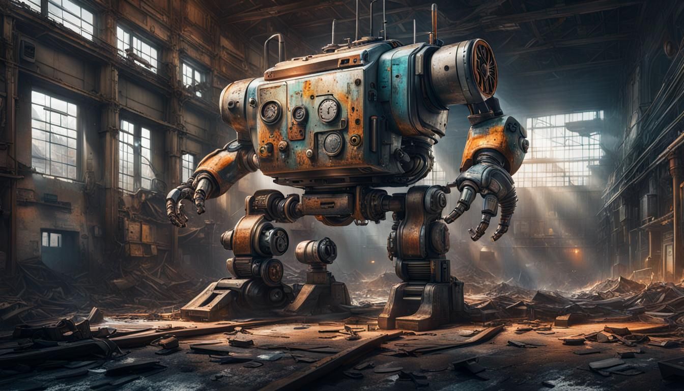 Retro Robot in Abandoned Factory with Steampunk Engine