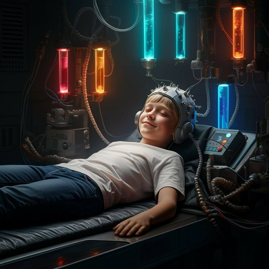 Surreal Adolescent Boy in Hyperrealistic Futuristic Dreamsca...