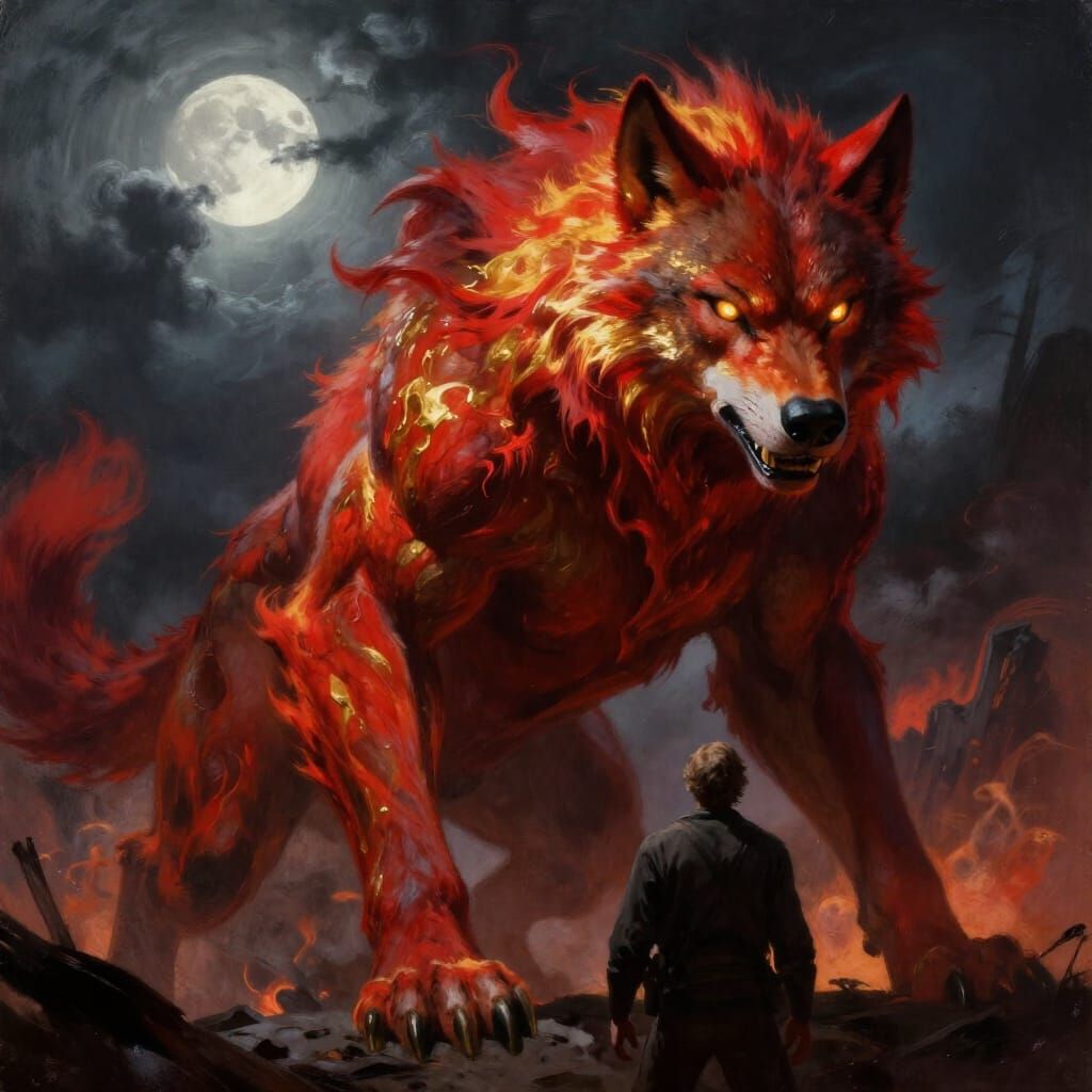 Colossal Crimson Werewolf Dominates Terrified Man