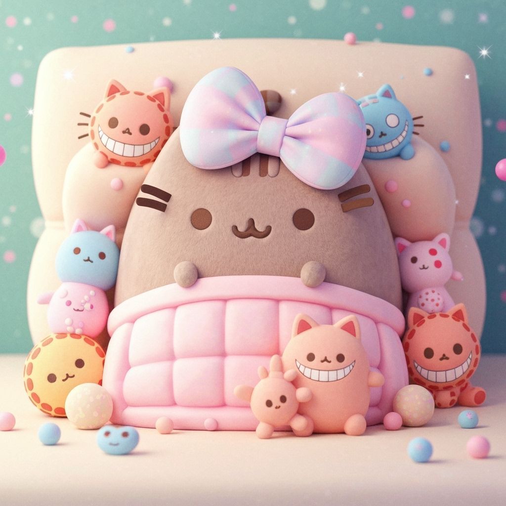 Kawaii Pusheen Cat with Cheshire Smile in Cozy Bed