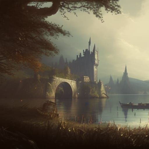Victorian Lakeside Castle in Dark Fantasy Style