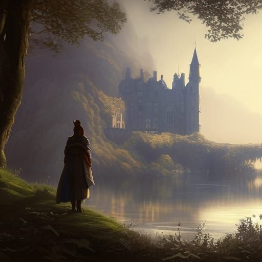 Victorian Castle by River: Dark Fantasy Concept Art
