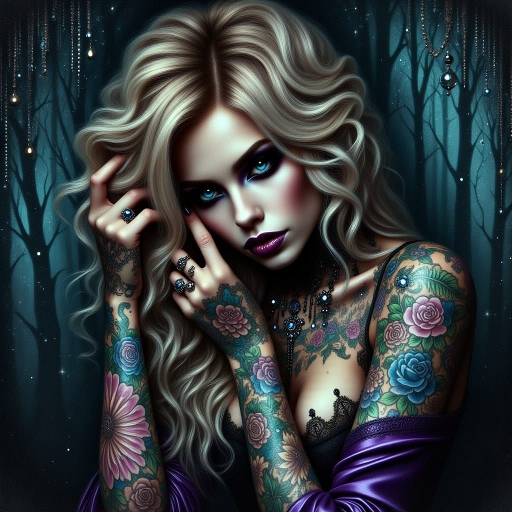 Gothic Witch Oil Painting with Vibrant Tattoos