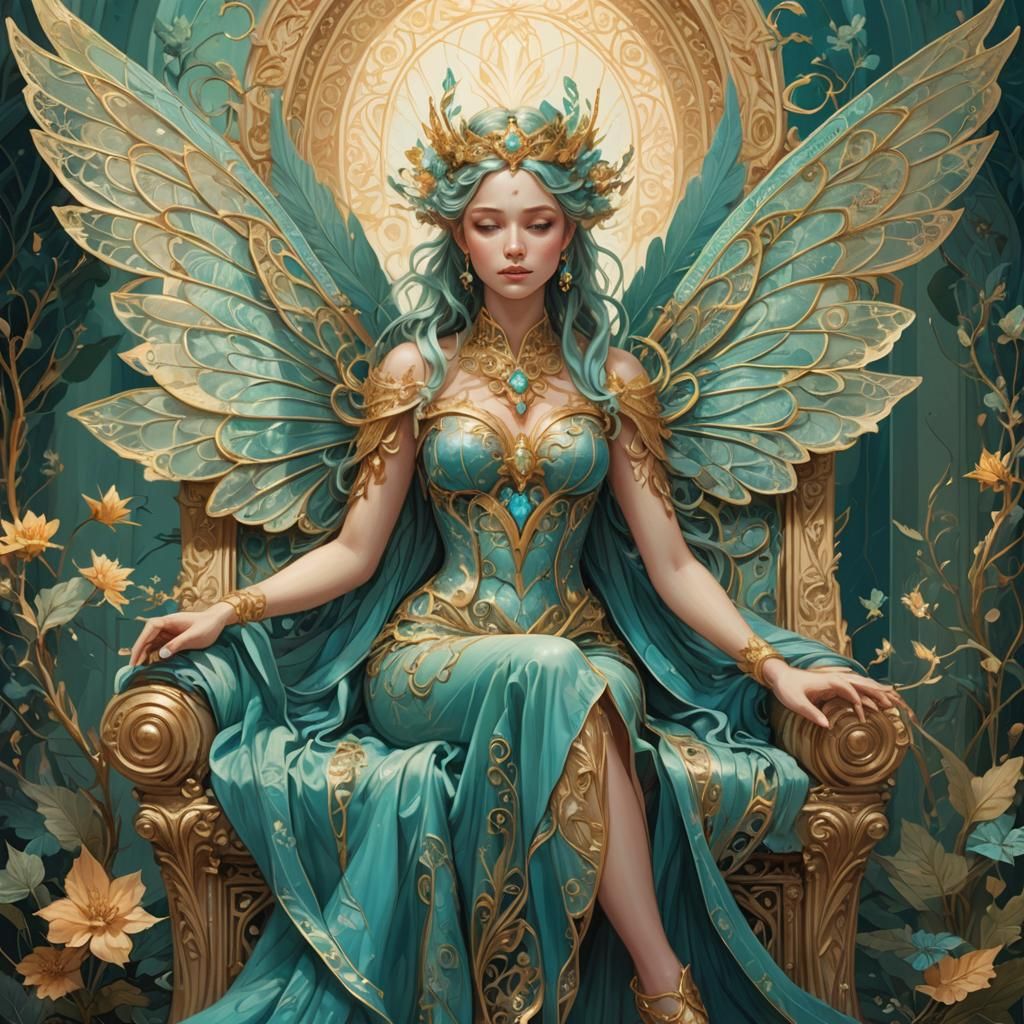 Turquoise Winged Fairy Queen in Art Nouveau Style