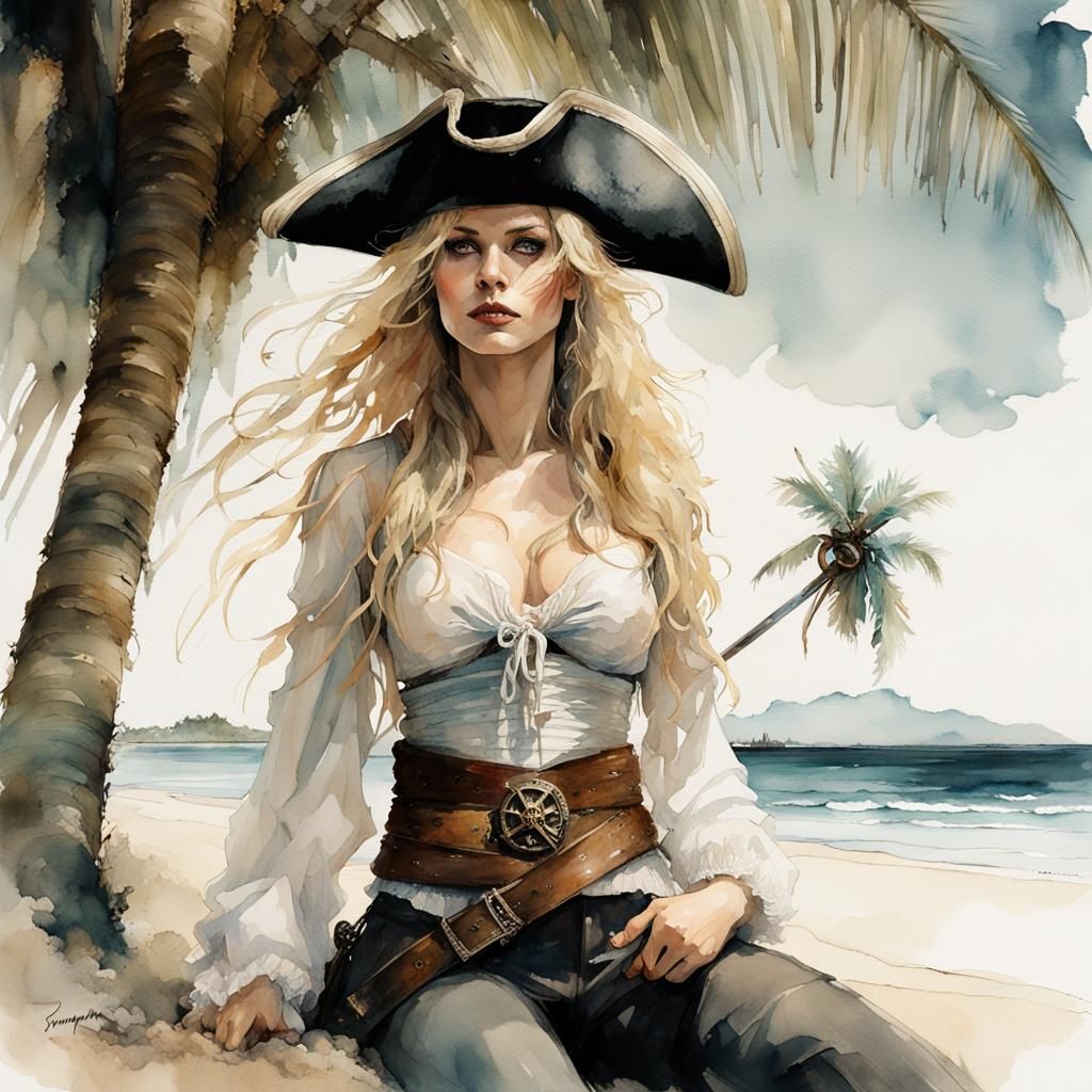 Goddess-Like Pirate on Tropical Island, Watercolor
