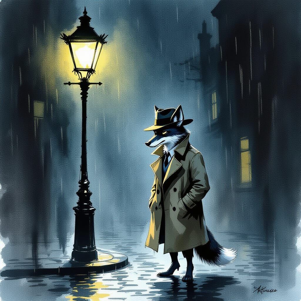 Film Noir Jackal in Trench Coat on Rainy Street