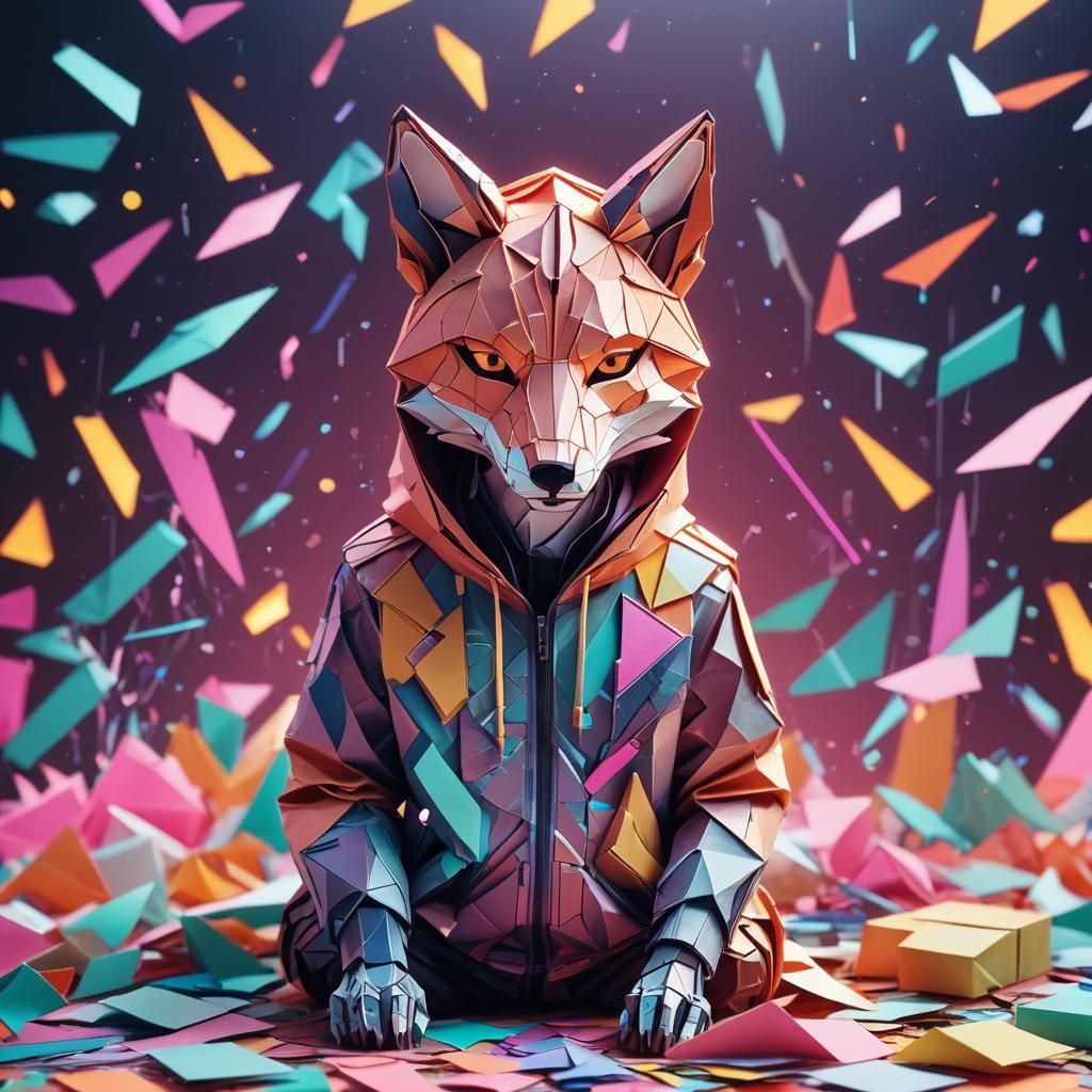 Cyberpunk Origami Fox in Neon Lit Studio