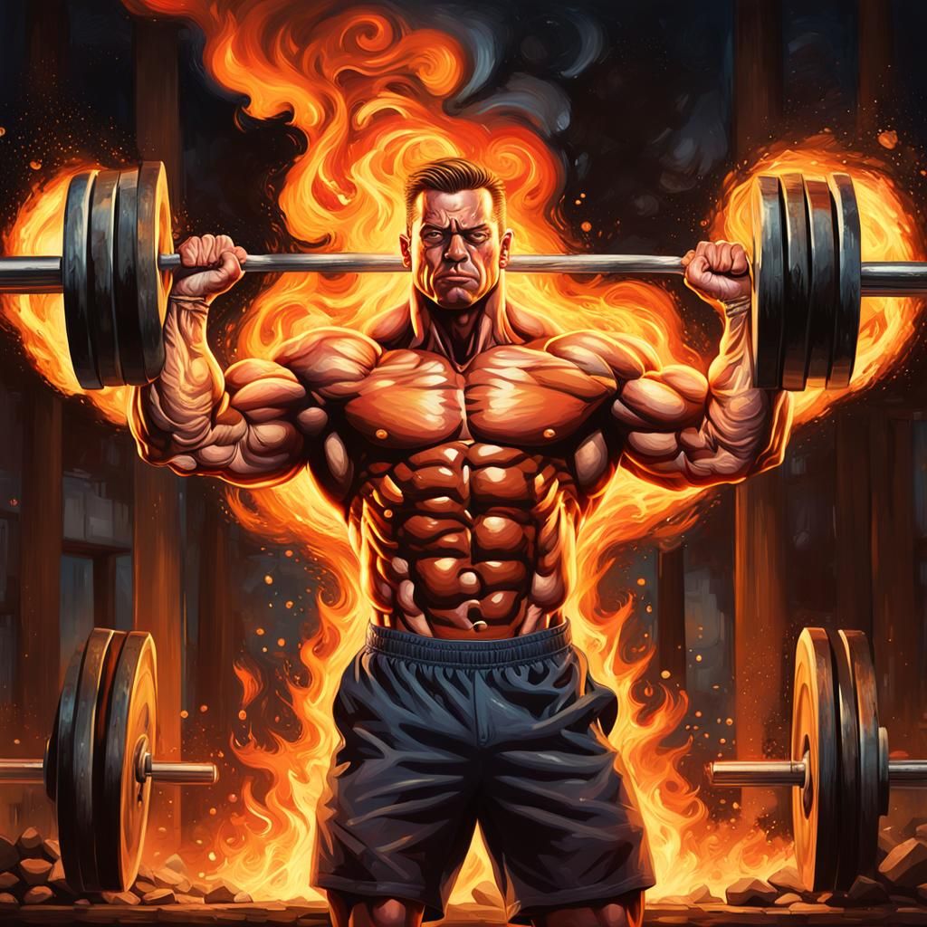 Bodybuilder Lifts Barbells Atop Burning Tower: Hyper-Realist...