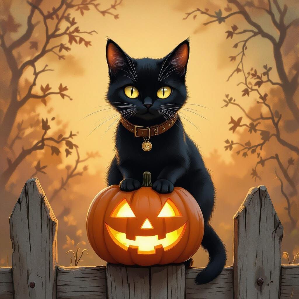 Mischievous Black Cat and Jack-o'-Lantern, Watercolor Style