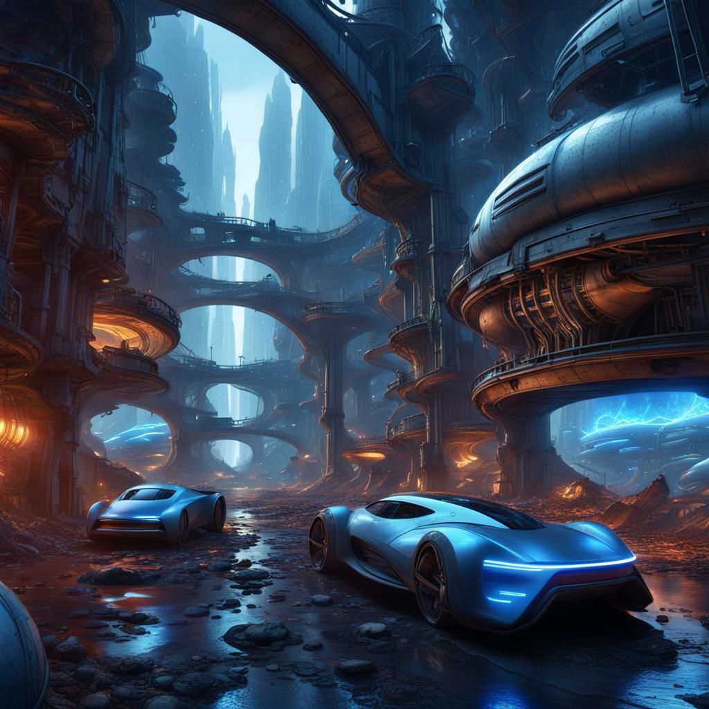 Futuristic Underground City with Blue Lighting