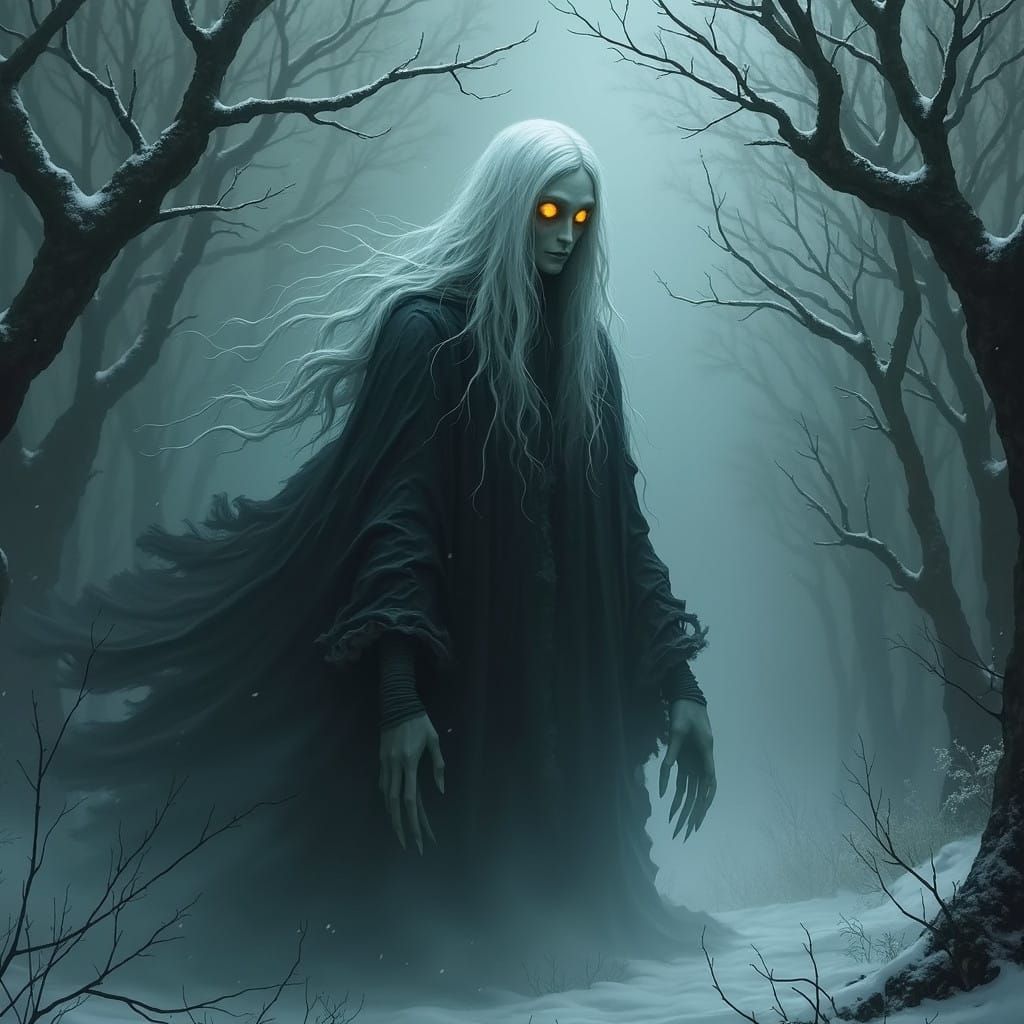 Mysterious Hag in Dark Winter Fog