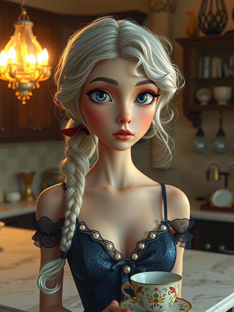 Gothic Whimsy: Young Woman in Tim Burton's Cartoon Style