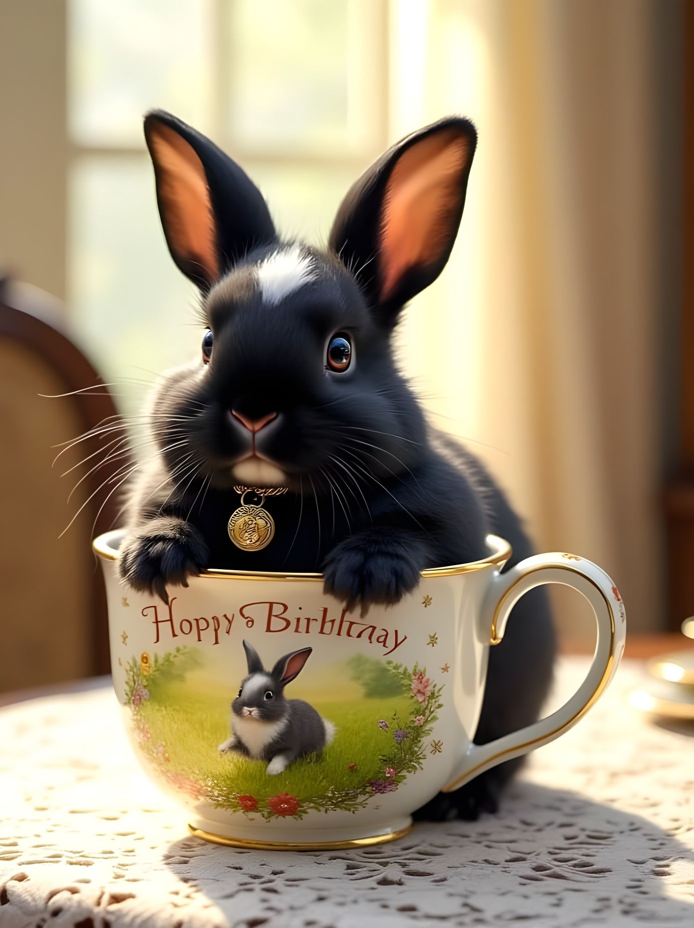 Elegant Lionhead Rabbit in Coffee Mug, Whimsical Victorian-I...
