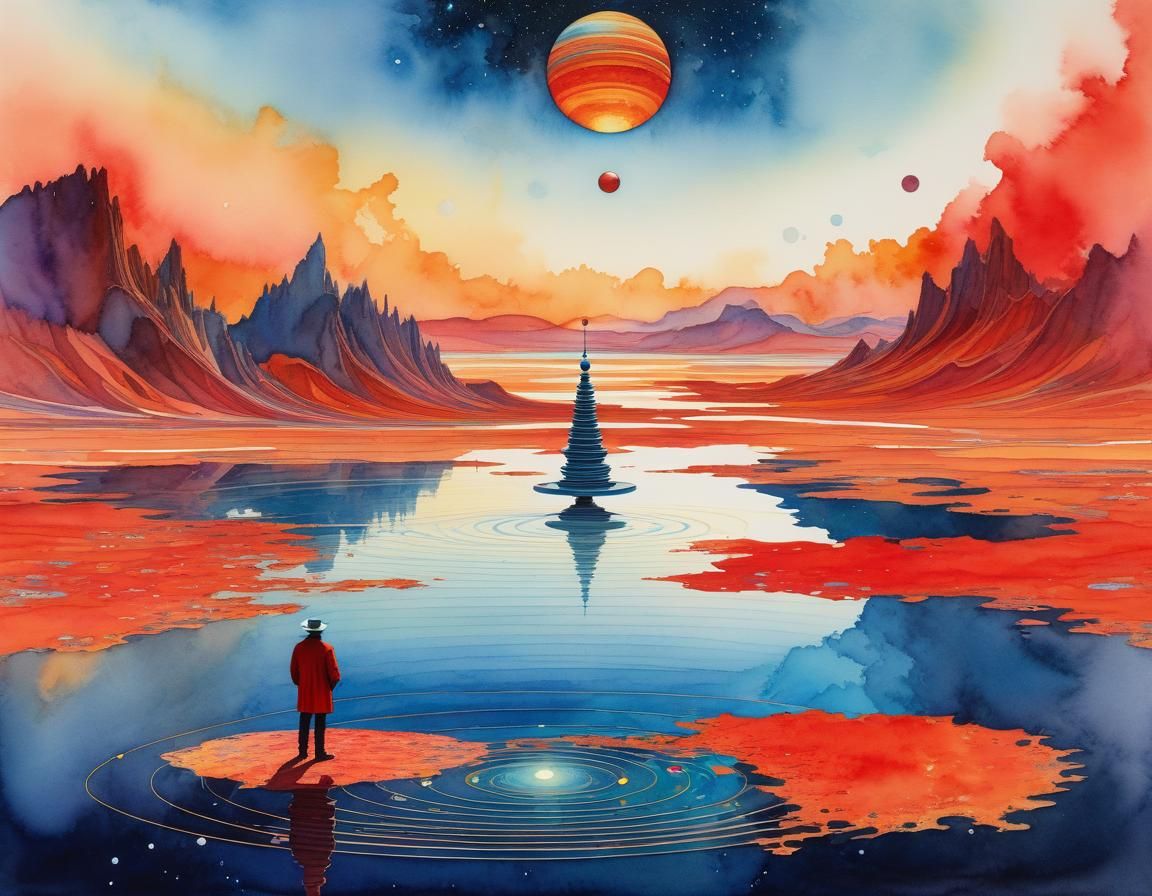 Watercolor Lake Scene Inspired by Moebius