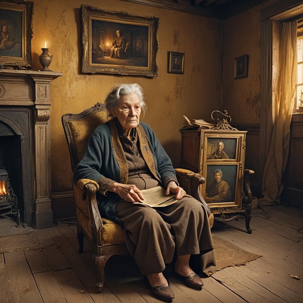 Nostalgic Old Woman in Armchair, Detailed Matte Painting