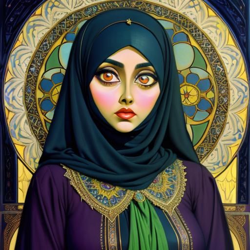 Confident Woman in Hijab: Art Nouveau Digital Painting