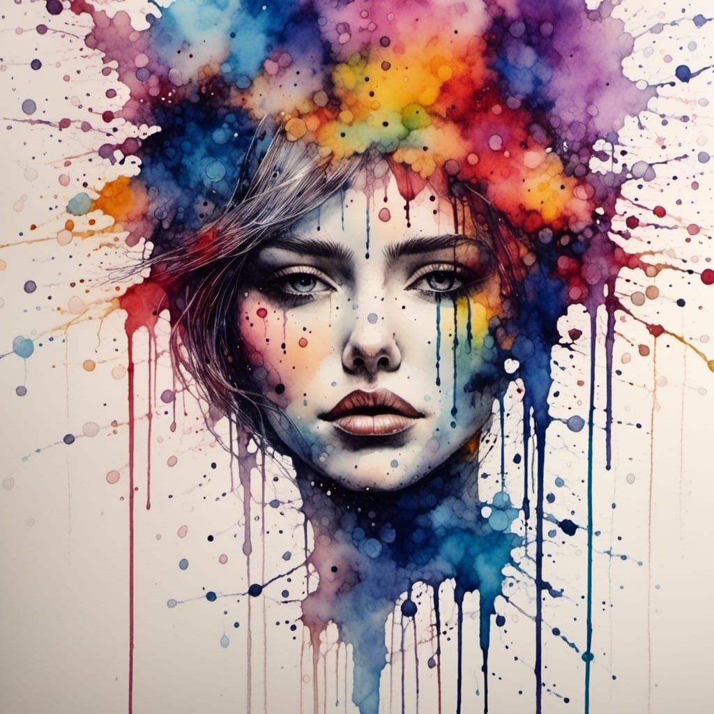 Colorful Ink Portrait of a Lonely Lady in Rain